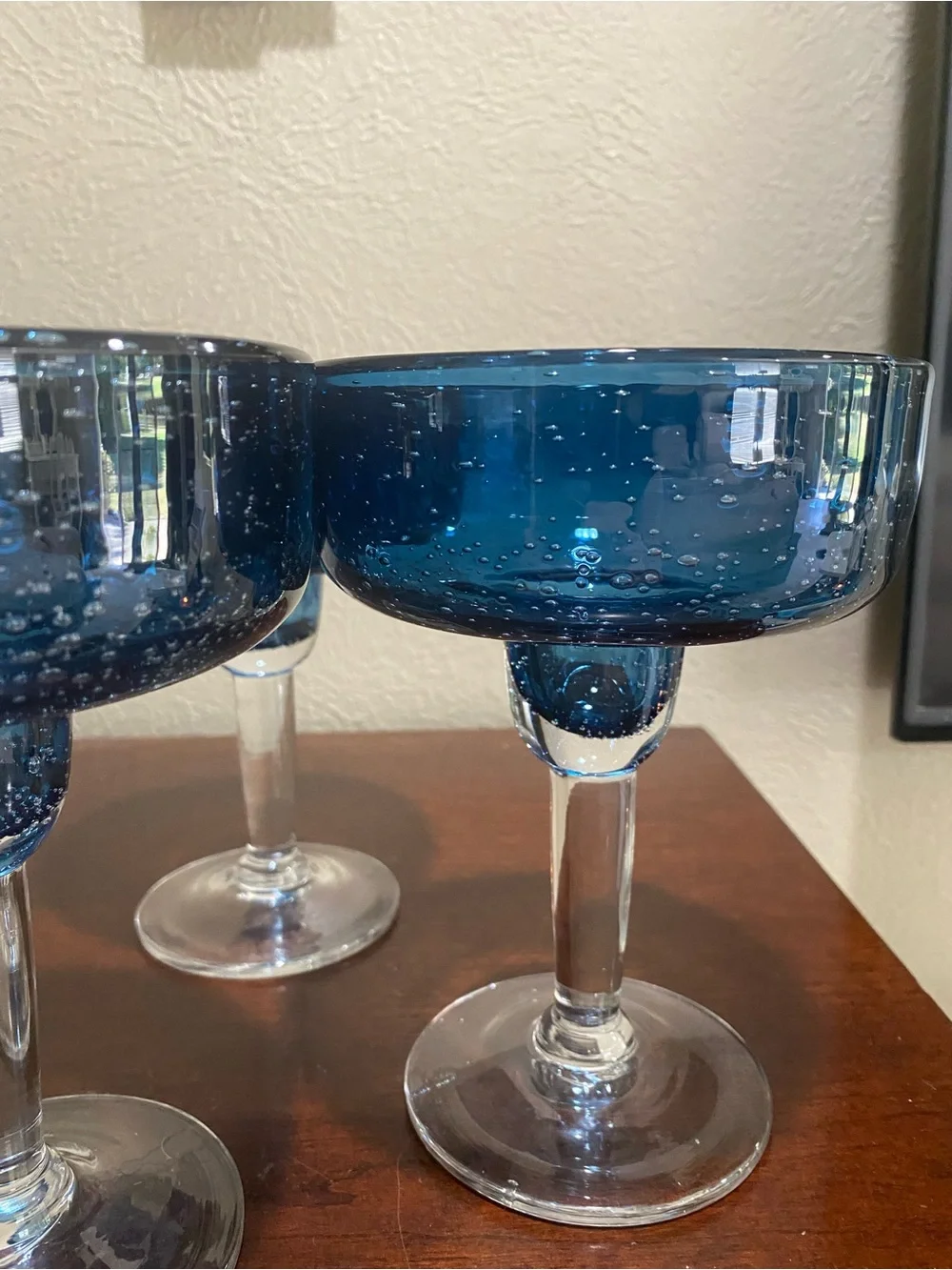 Set of 4, Artisan Hand blown Mexican Margarita Glasses, Cobalt Blue Bowl